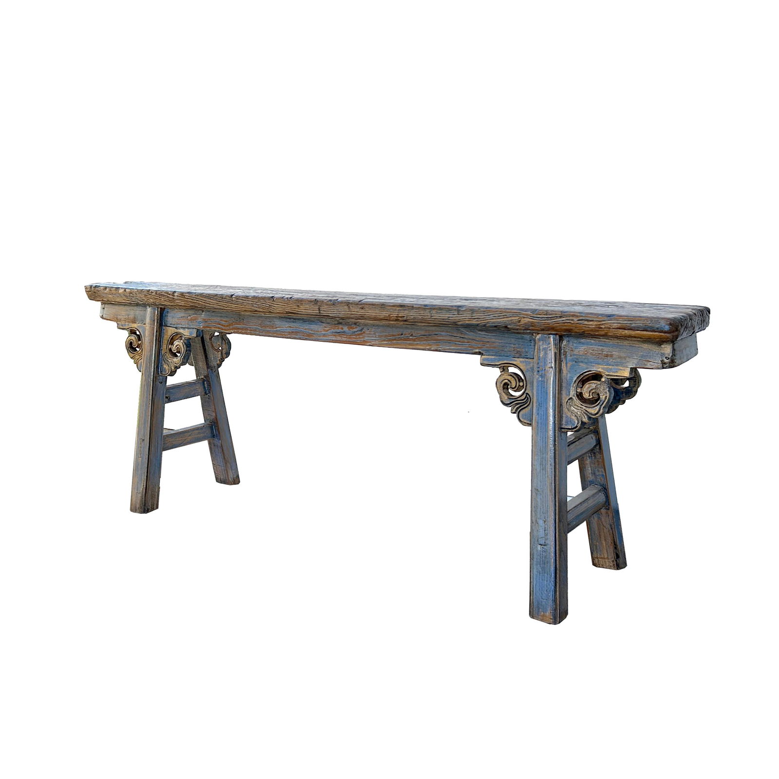 Distressed Brown Light Blue Village Slim Narrow Scroll Apron Wood Bench - 3