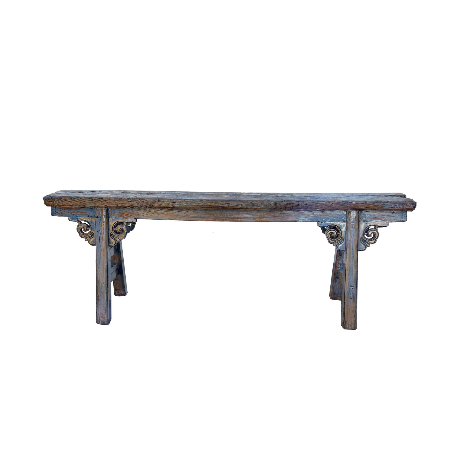 Distressed Brown Light Blue Village Slim Narrow Scroll Apron Wood Bench - 5