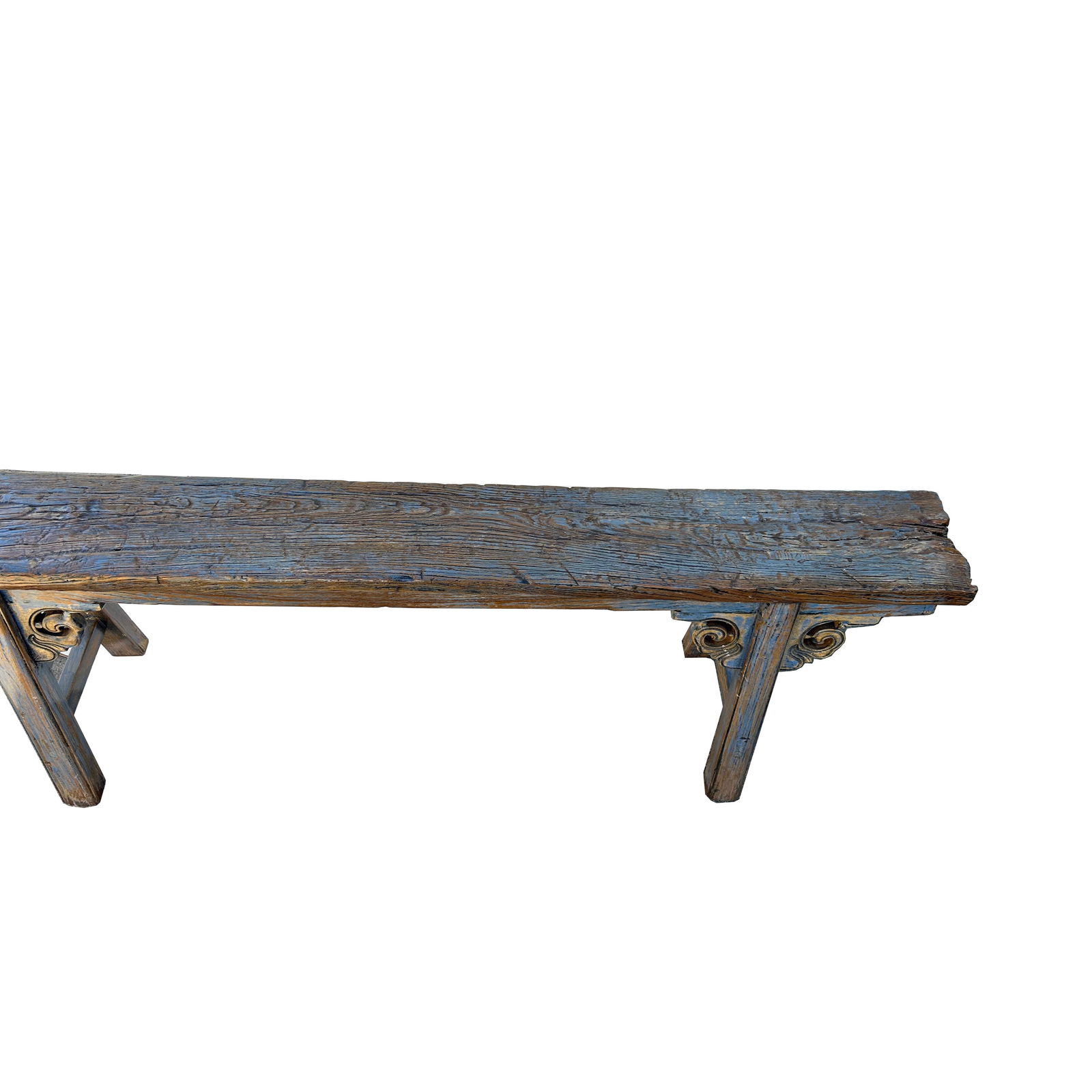 Distressed Brown Light Blue Village Slim Narrow Scroll Apron Wood Bench - 6