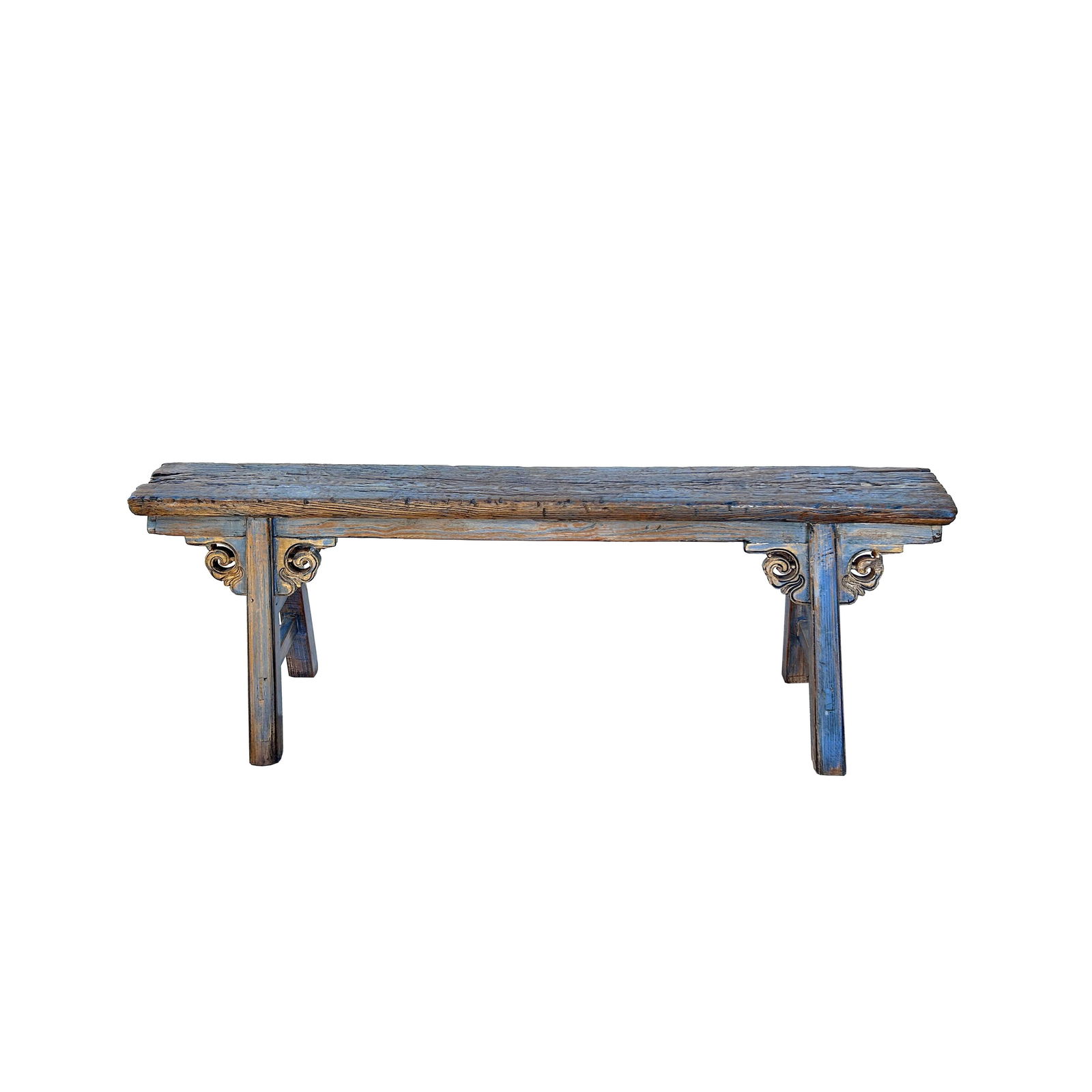 Distressed Brown Light Blue Village Slim Narrow Scroll Apron Wood Bench - 7