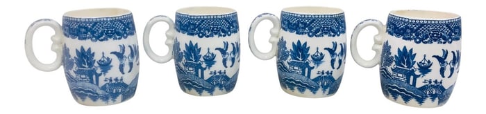 Vintage Blue Pattern Barrel Shaped Mugs - Set of 4