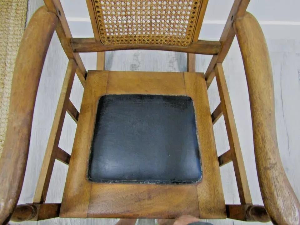 1920s Antique Mission Style Oak Cane Back Black Leather Seat Rocking Chair - 10