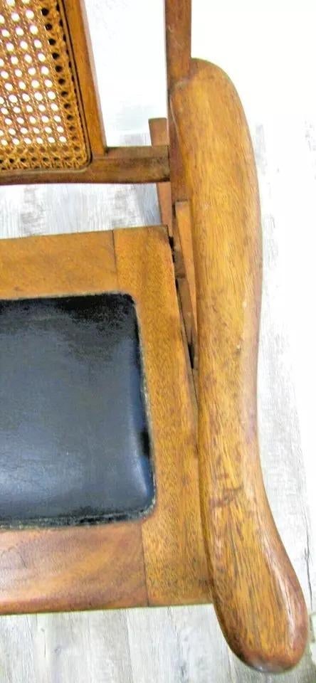 1920s Antique Mission Style Oak Cane Back Black Leather Seat Rocking Chair - 12