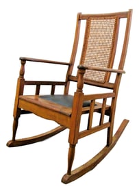 1920s Antique Mission Style Oak Cane Back Black Leather Seat Rocking Chair