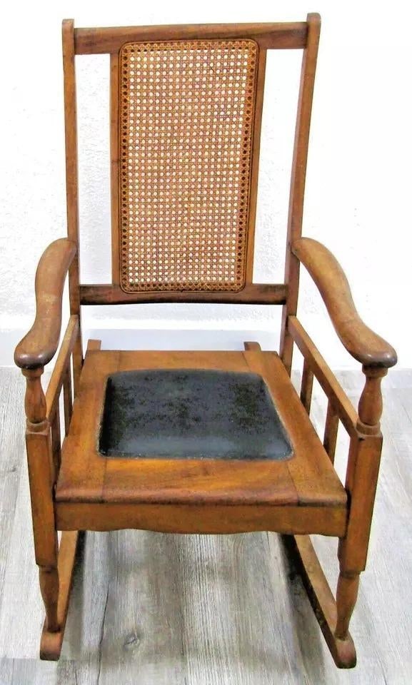 1920s Antique Mission Style Oak Cane Back Black Leather Seat Rocking Chair - 3