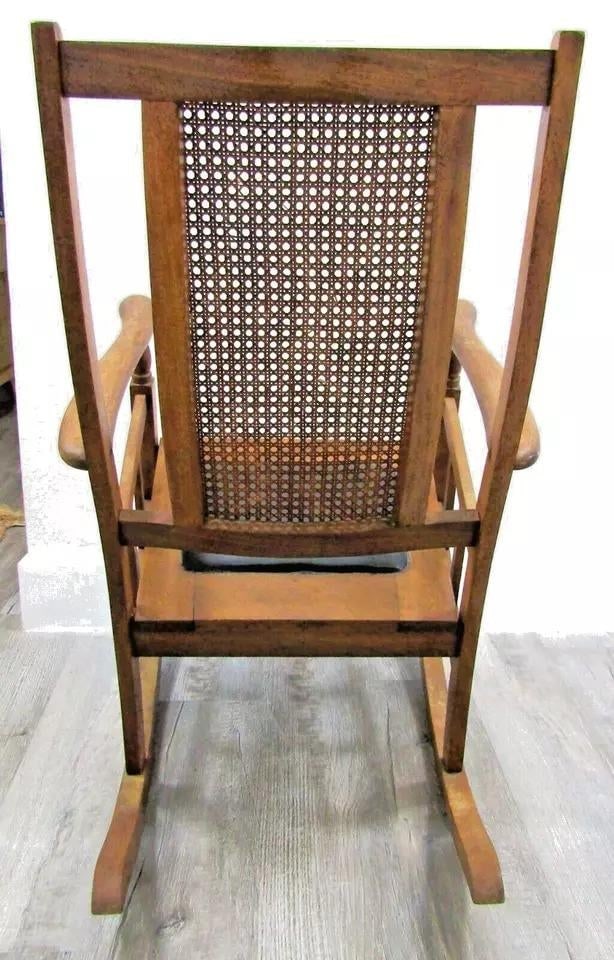 1920s Antique Mission Style Oak Cane Back Black Leather Seat Rocking Chair - 6