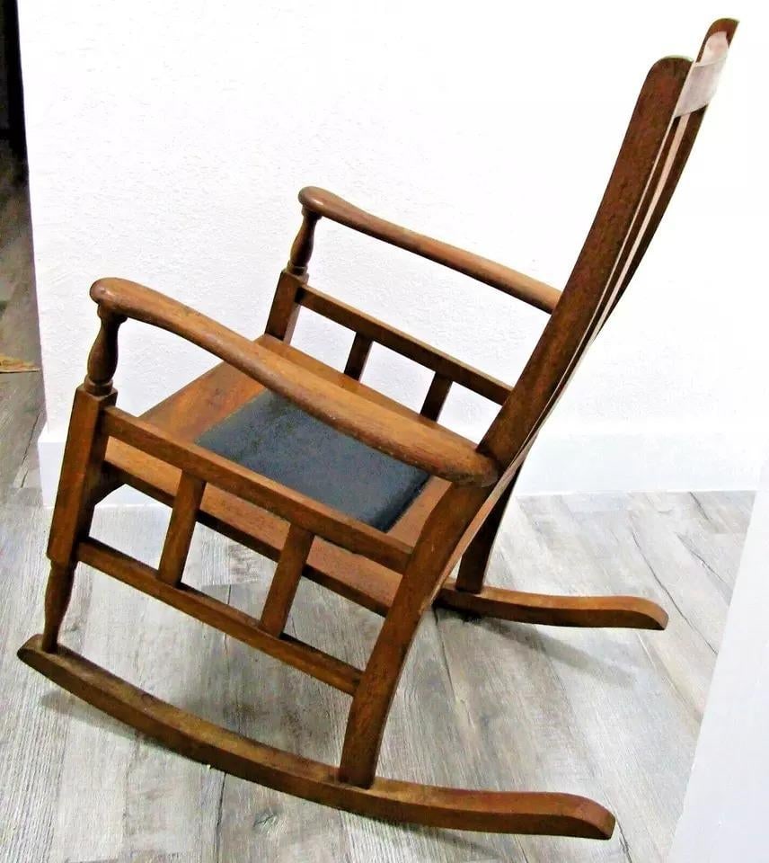 1920s Antique Mission Style Oak Cane Back Black Leather Seat Rocking Chair - 7