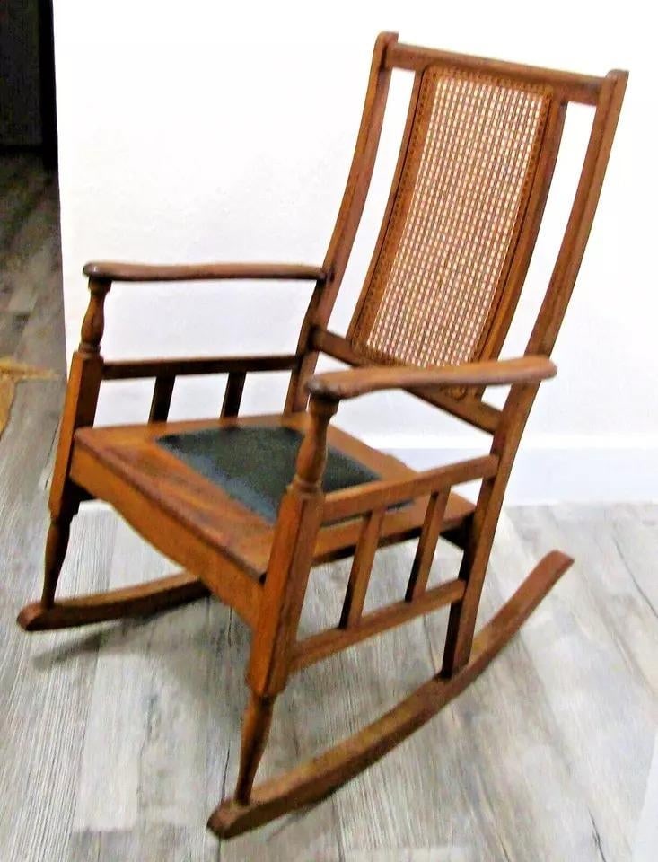 1920s Antique Mission Style Oak Cane Back Black Leather Seat Rocking Chair - 9
