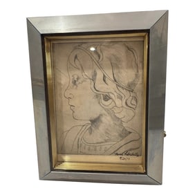 1970s Framed and Signed Pencil Portrait of a Greek Woman