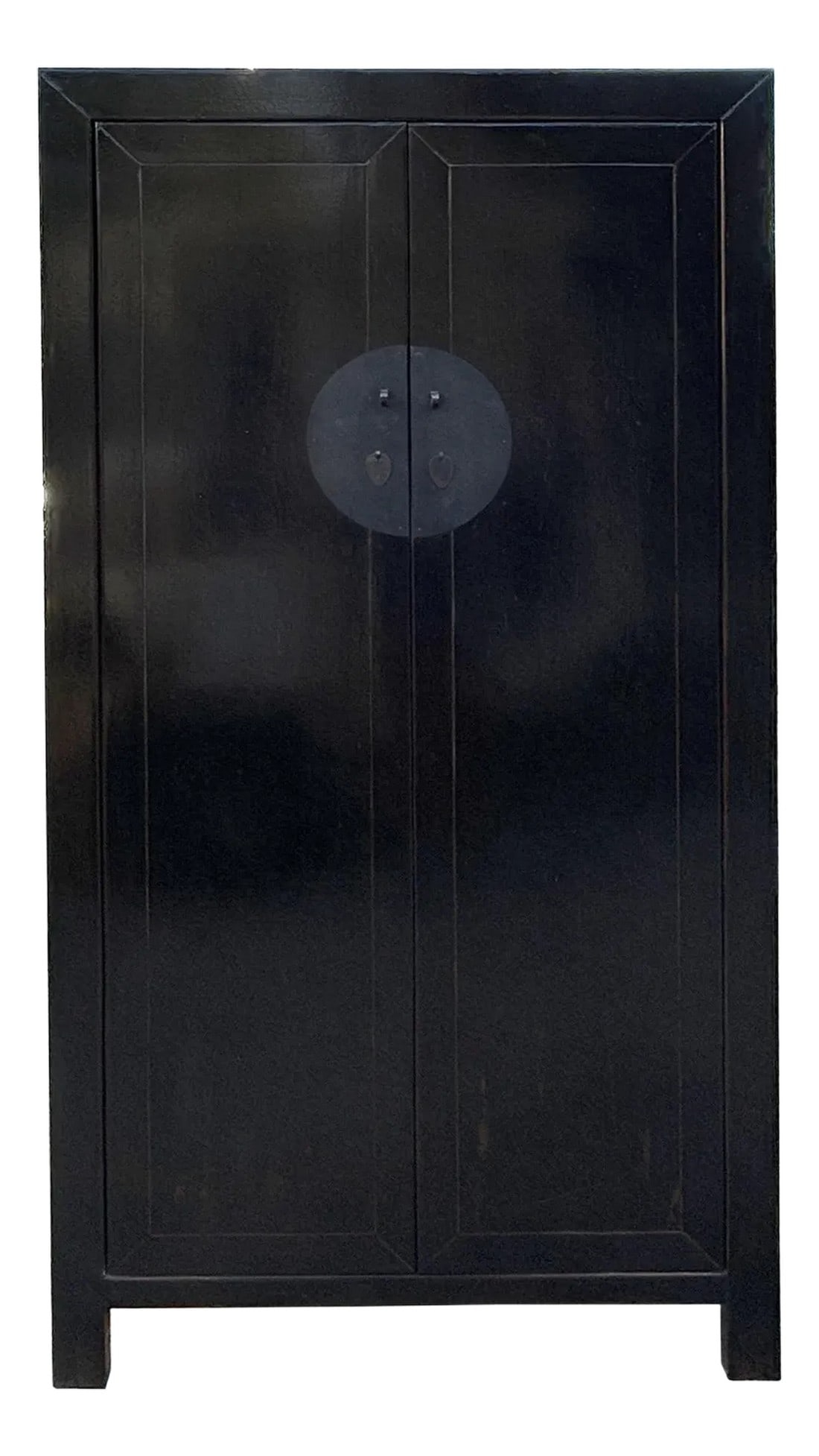 Distressed Black Rough Marks Moon Face Armoire Storage Cabinet: This elegant black cabinet exudes timeless sophistication with its sleek, minimalist design and traditional craftsmanship. The cabinet features a glossy ebony finish that highlights its clean lines an