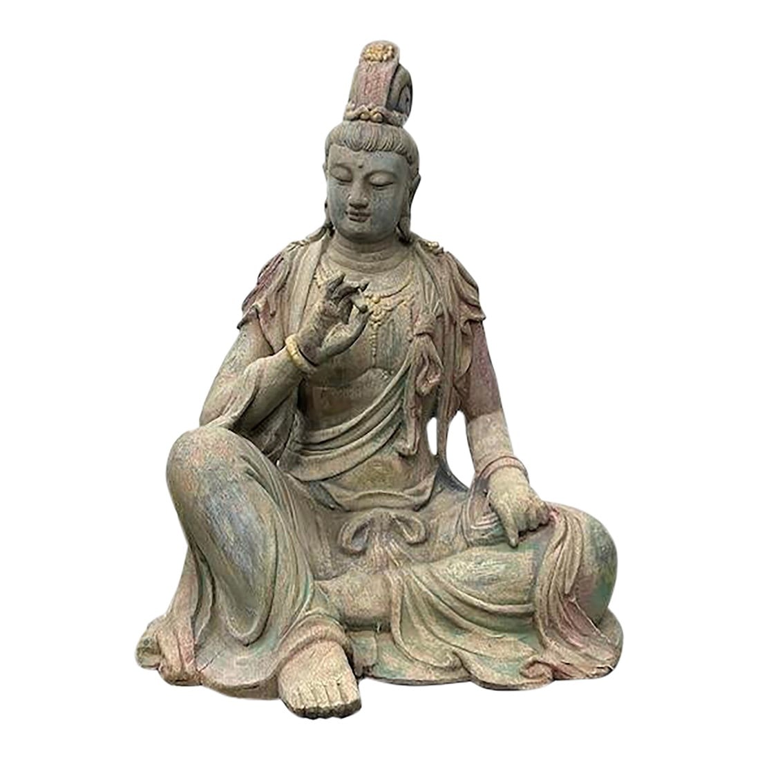 Vintage Chinese Cross Legs Guan Yin Bodhisattva Wood Statue: This ancient wooden statue depicts a seated deity Guan Yin Bodhisattva, exuding a profound sense of serenity and reverence. The figure is carved in a meditative pose, with legs crossed and hands