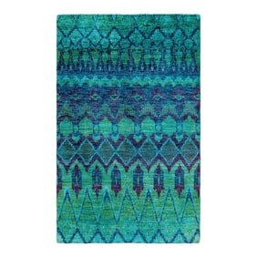 Modern, One-of-a-Kind Hand-Knotted Area Rug - Green, 4' 0" x 6' 1"