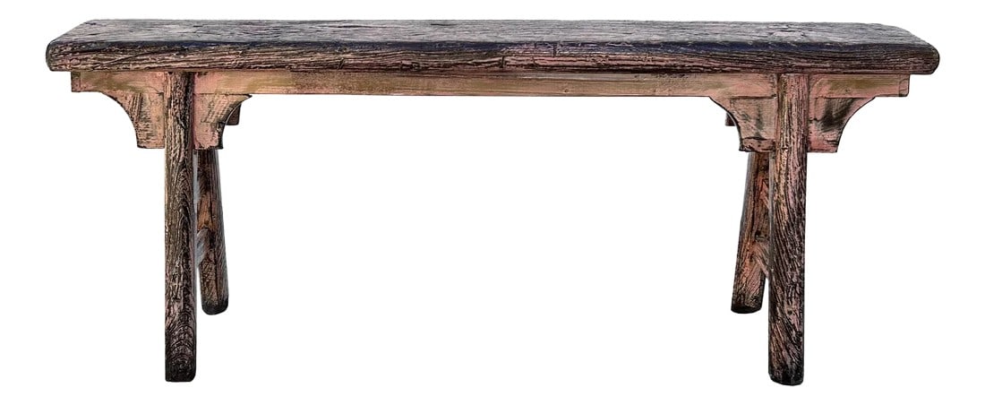 Distressed Rustic Pink Village Slim Narrow Wood Bench: This rustic wooden bench exudes a timeless charm with its weathered, distressed appearance. Crafted from solid wood, the bench features a sturdy, rectangular seat with rounded edges, showcasing a rich