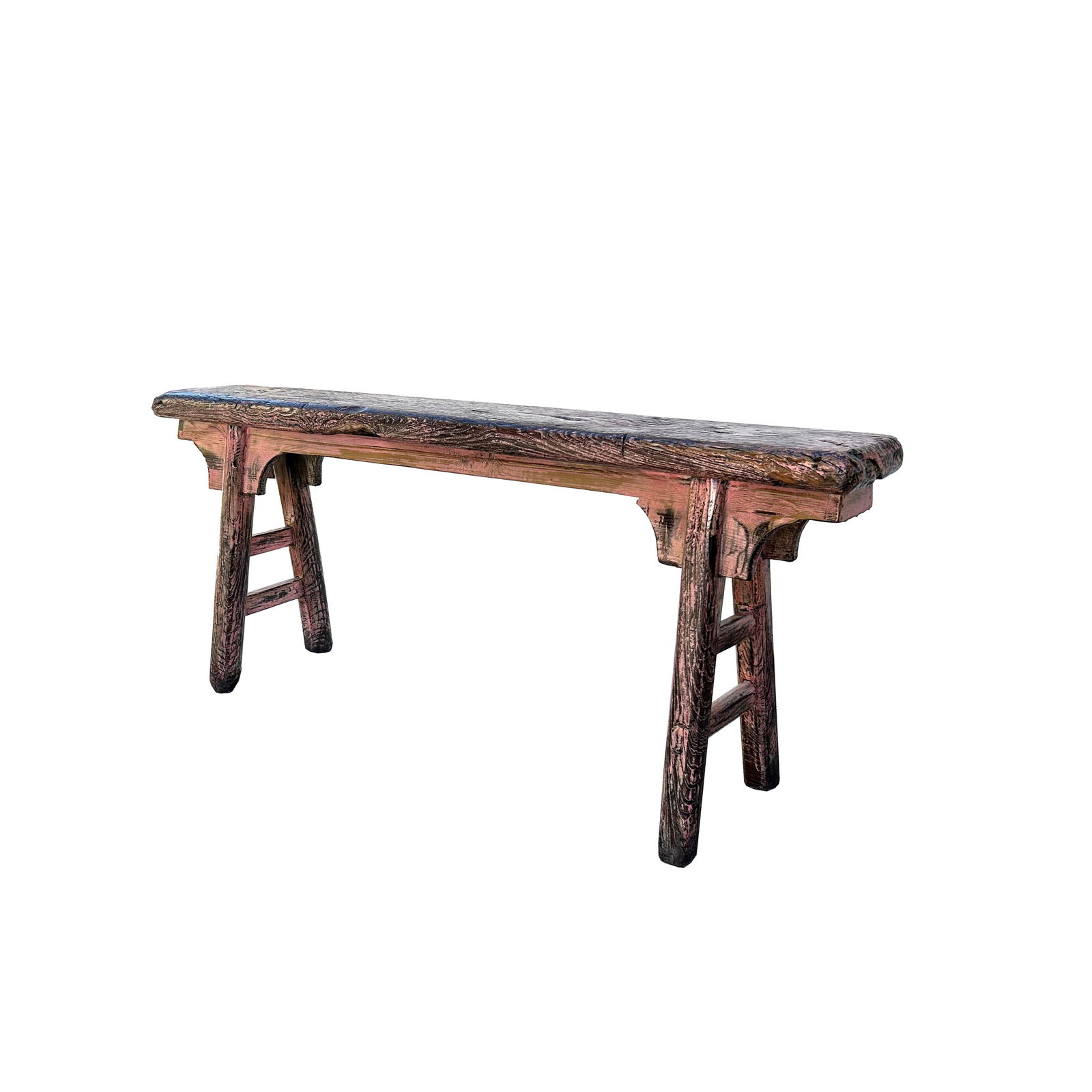 Distressed Rustic Pink Village Slim Narrow Wood Bench - 2