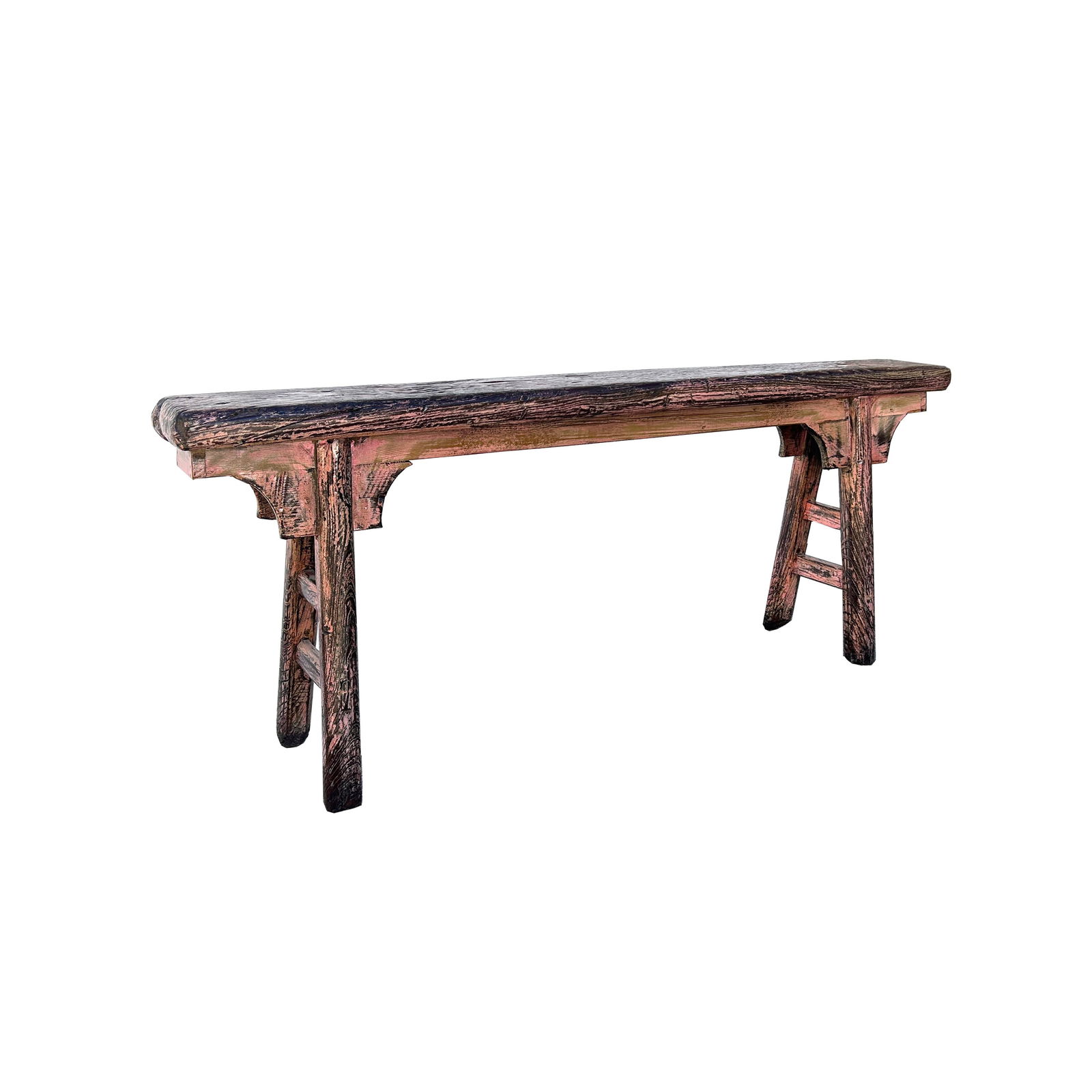 Distressed Rustic Pink Village Slim Narrow Wood Bench - 3