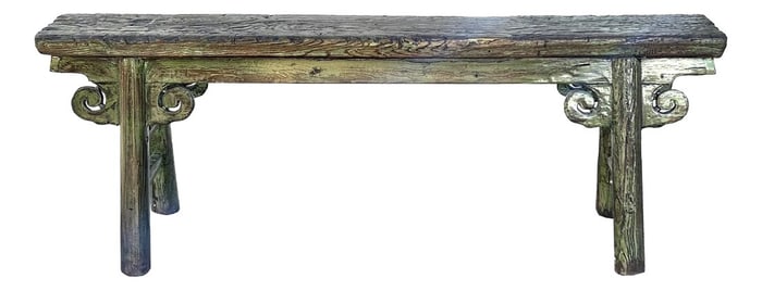 Distressed Brown Lime Green Village Slim Narrow Scroll Apron Wood Bench