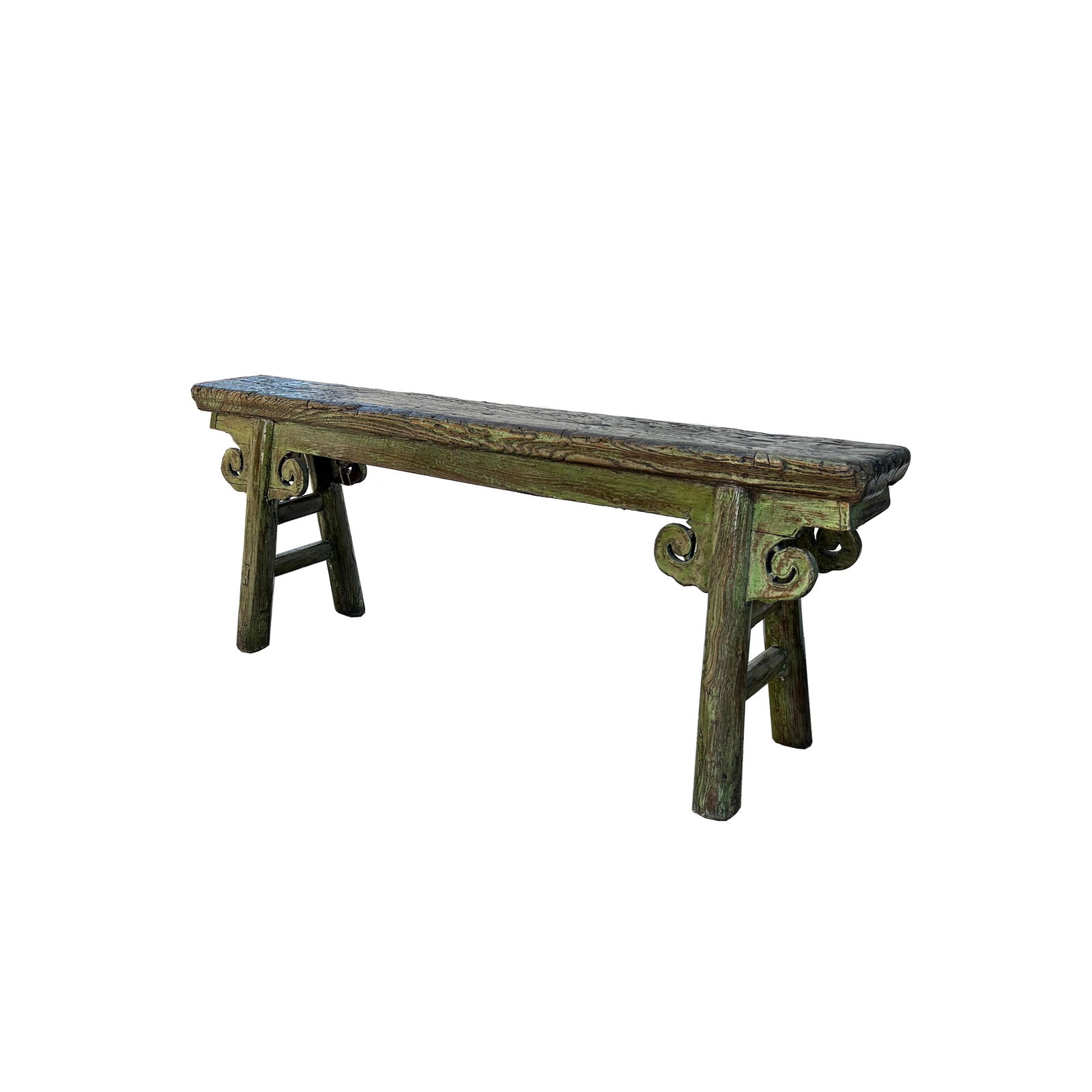 Distressed Brown Lime Green Village Slim Narrow Scroll Apron Wood Bench - 4