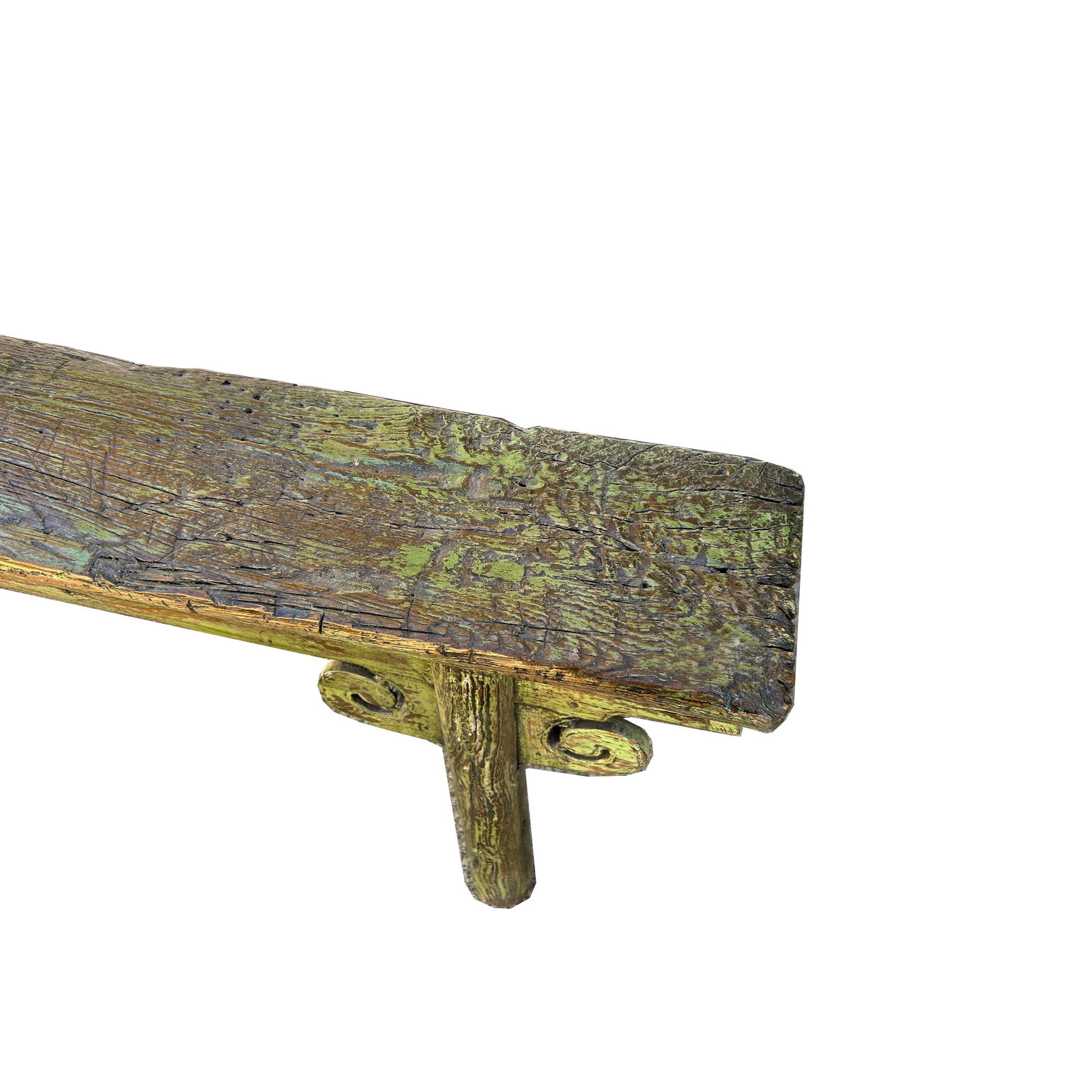 Distressed Brown Lime Green Village Slim Narrow Scroll Apron Wood Bench - 5
