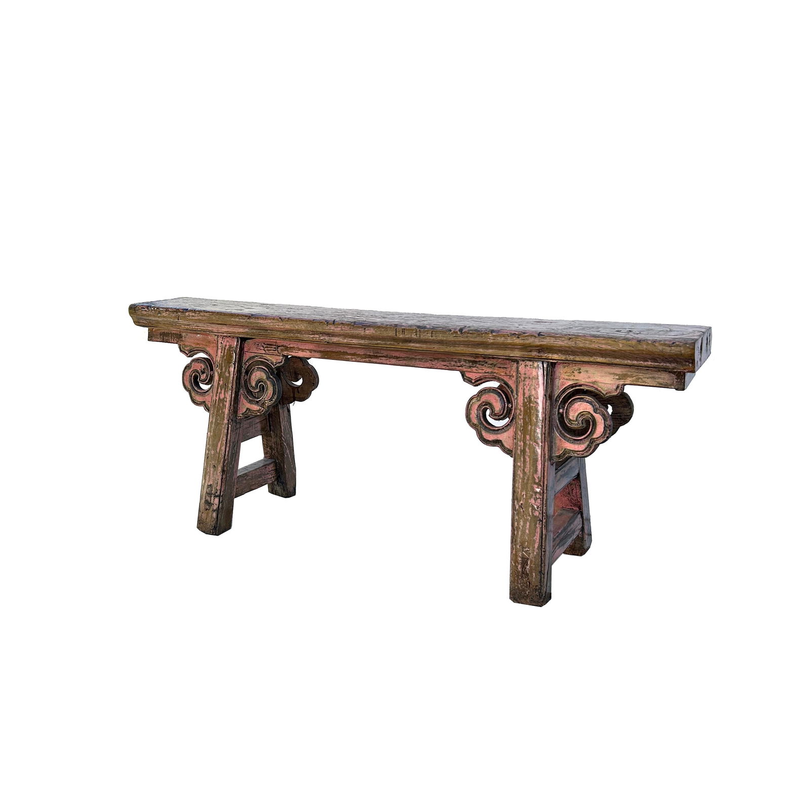 Distressed Rustic Pink Village Scroll Apron Slim Narrow Wood Bench - 3