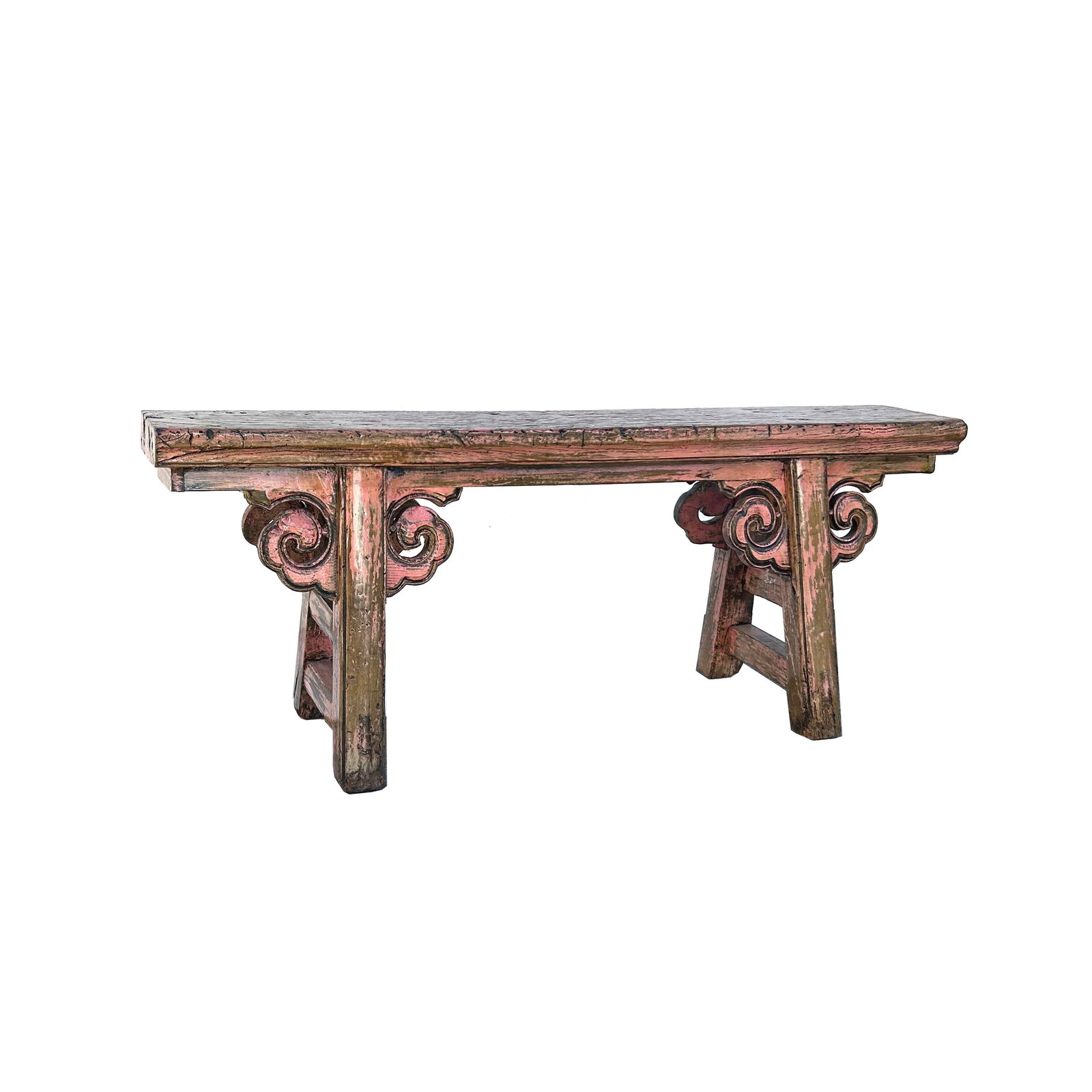 Distressed Rustic Pink Village Scroll Apron Slim Narrow Wood Bench - 4