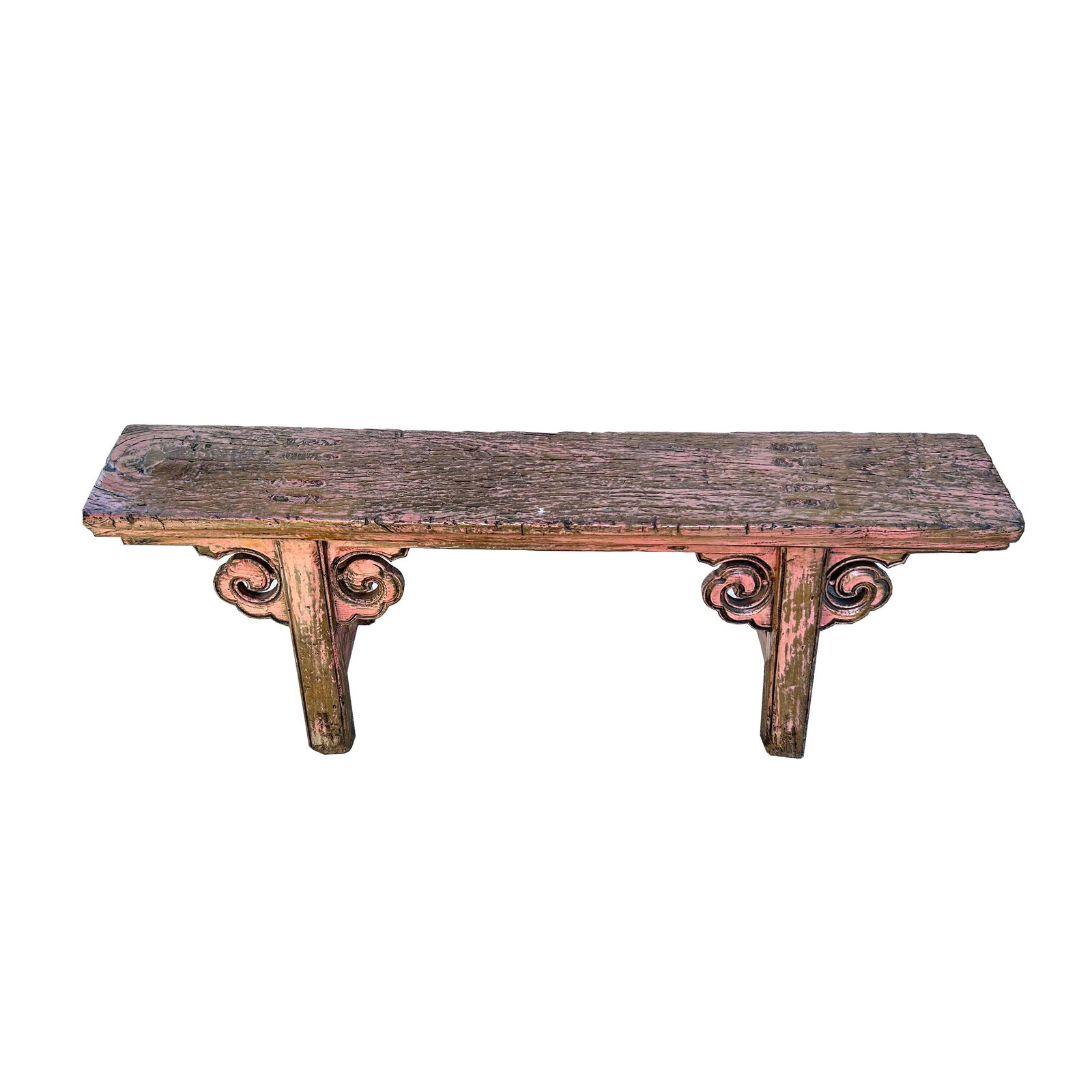 Distressed Rustic Pink Village Scroll Apron Slim Narrow Wood Bench - 5