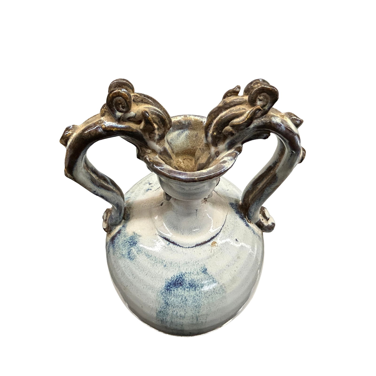 Oriental Handmade Ancient Dragon Handle Off White Glaze Ceramic Vase - 6