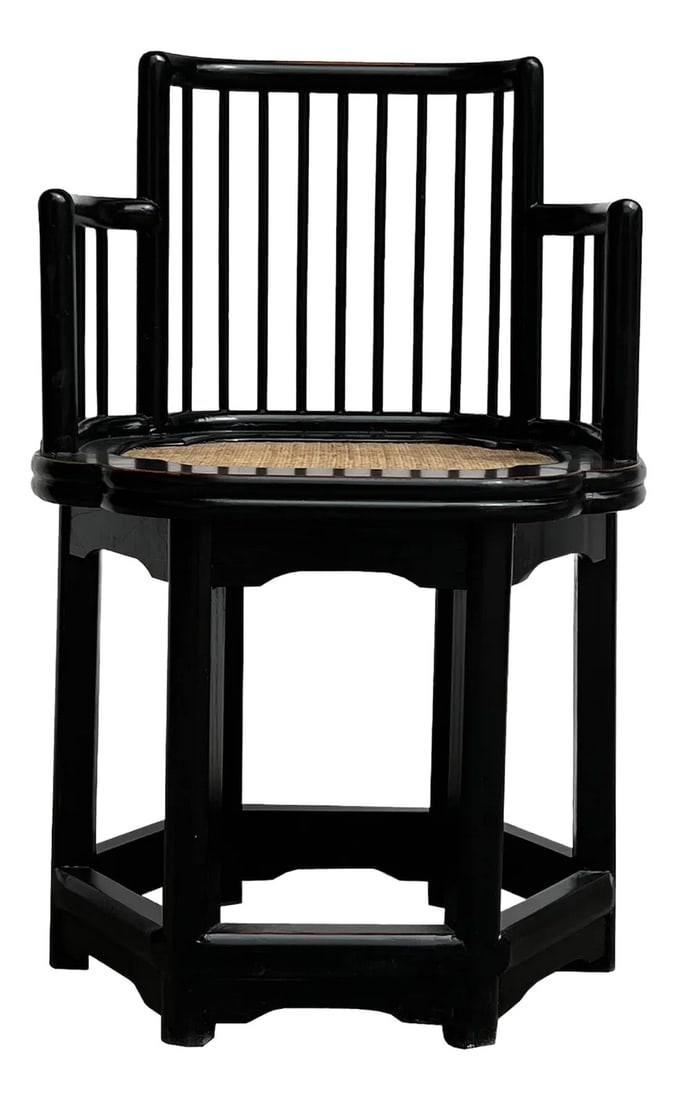 Chinese Black Hexagonal Rattan Seat Elm Wood Armchair: This elegant chair exudes a timeless blend of traditional craftsmanship and minimalist design. Crafted from dark-stained wood, its sleek black frame features clean, angular lines that give it a