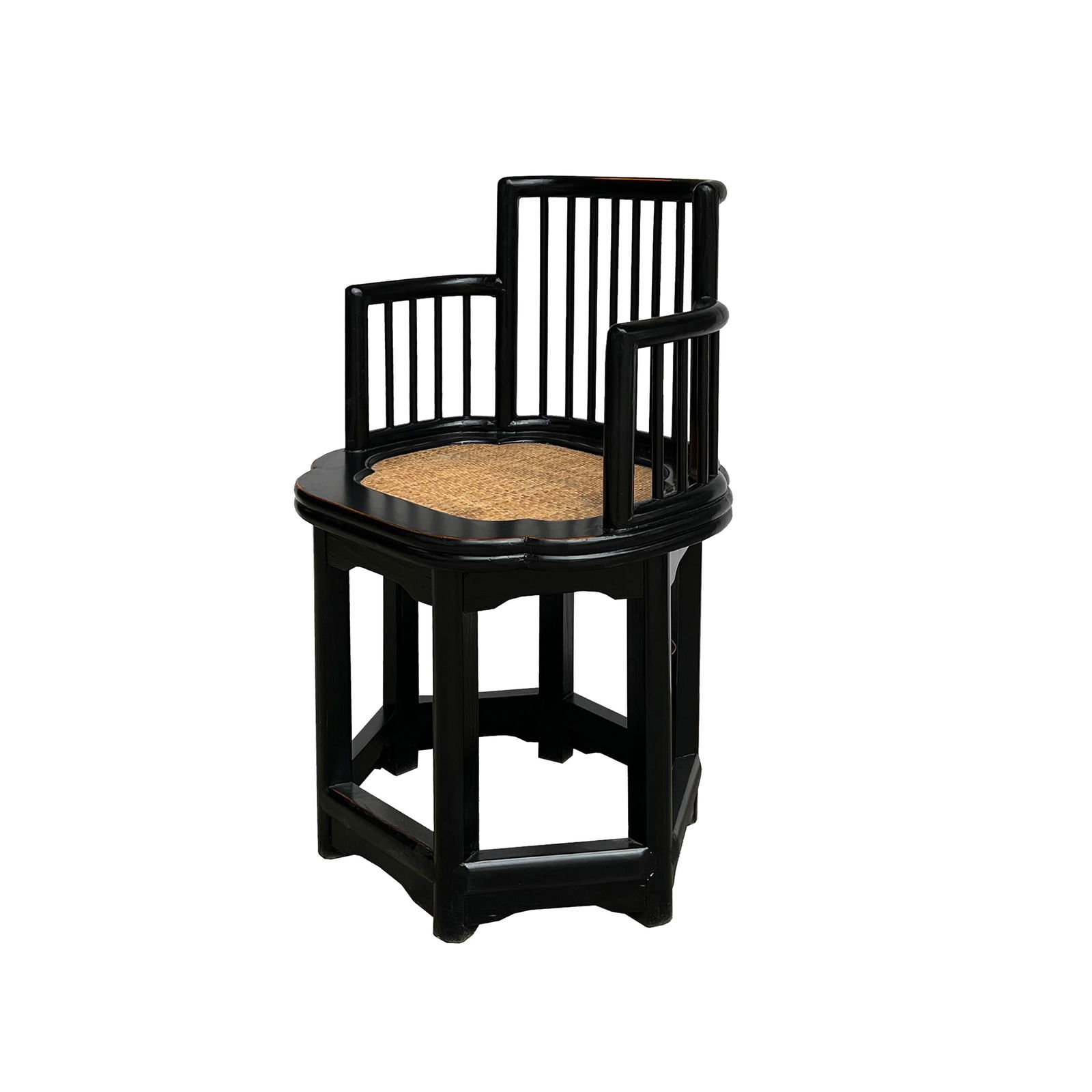 Chinese Black Hexagonal Rattan Seat Elm Wood Armchair - 3