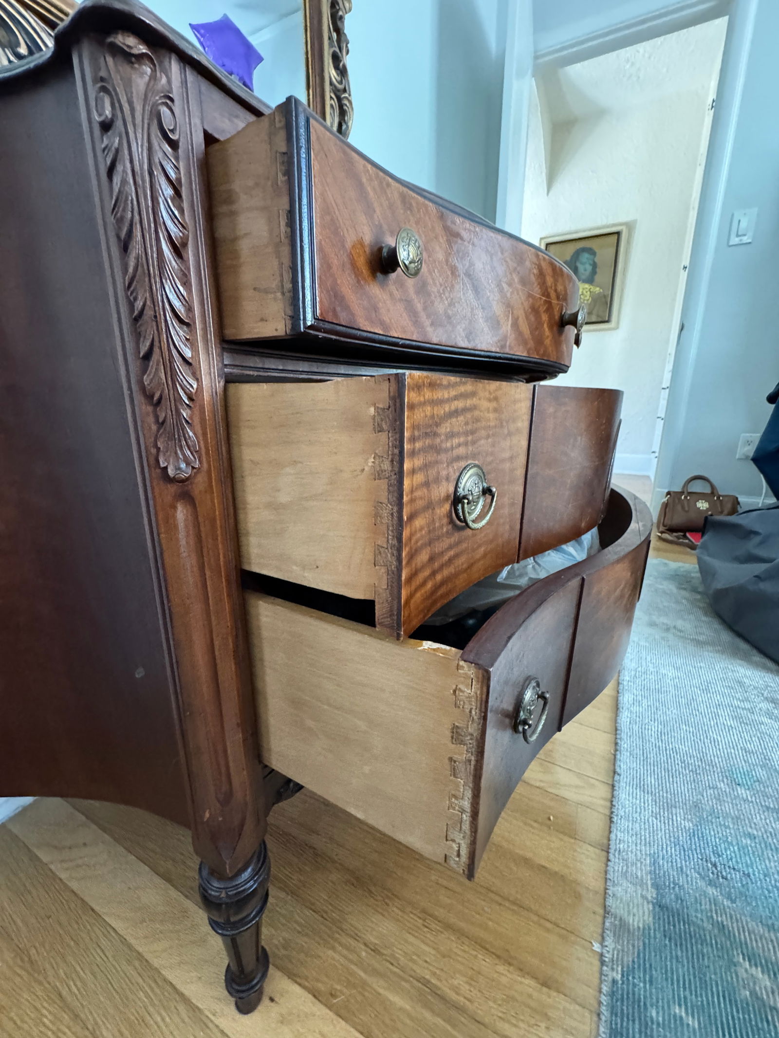 Antique Burled Walnut and Inlaid Marquetry Dresser Chest of Drawers - 9