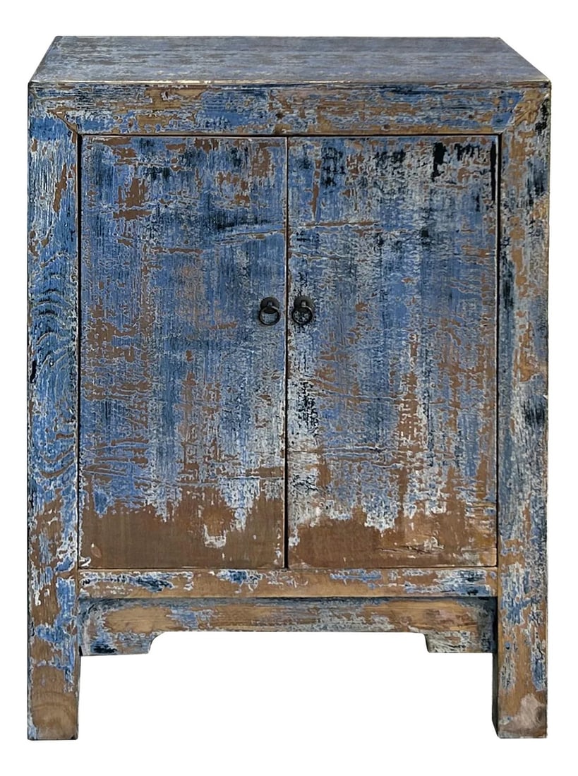 Distressed Bight Blue Mix Color 2 Doors End Table Nightstand Cabinet: This Distressed Bright Blue Mix Color Cabinet is a statement piece that adds a touch of vintage charm to any room. The unique blend of bright blue and tan creates an intriguing two-toned effect, while