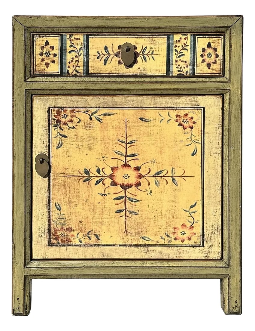 Beige Base Floral Pattern Graphic Olive Green Body End Table Nightstand: This charming cabinet exudes a sense of timeless elegance with its intricate design and weathered patina. Crafted from solid wood, the piece features a sleek light olive green finish that contrasts be