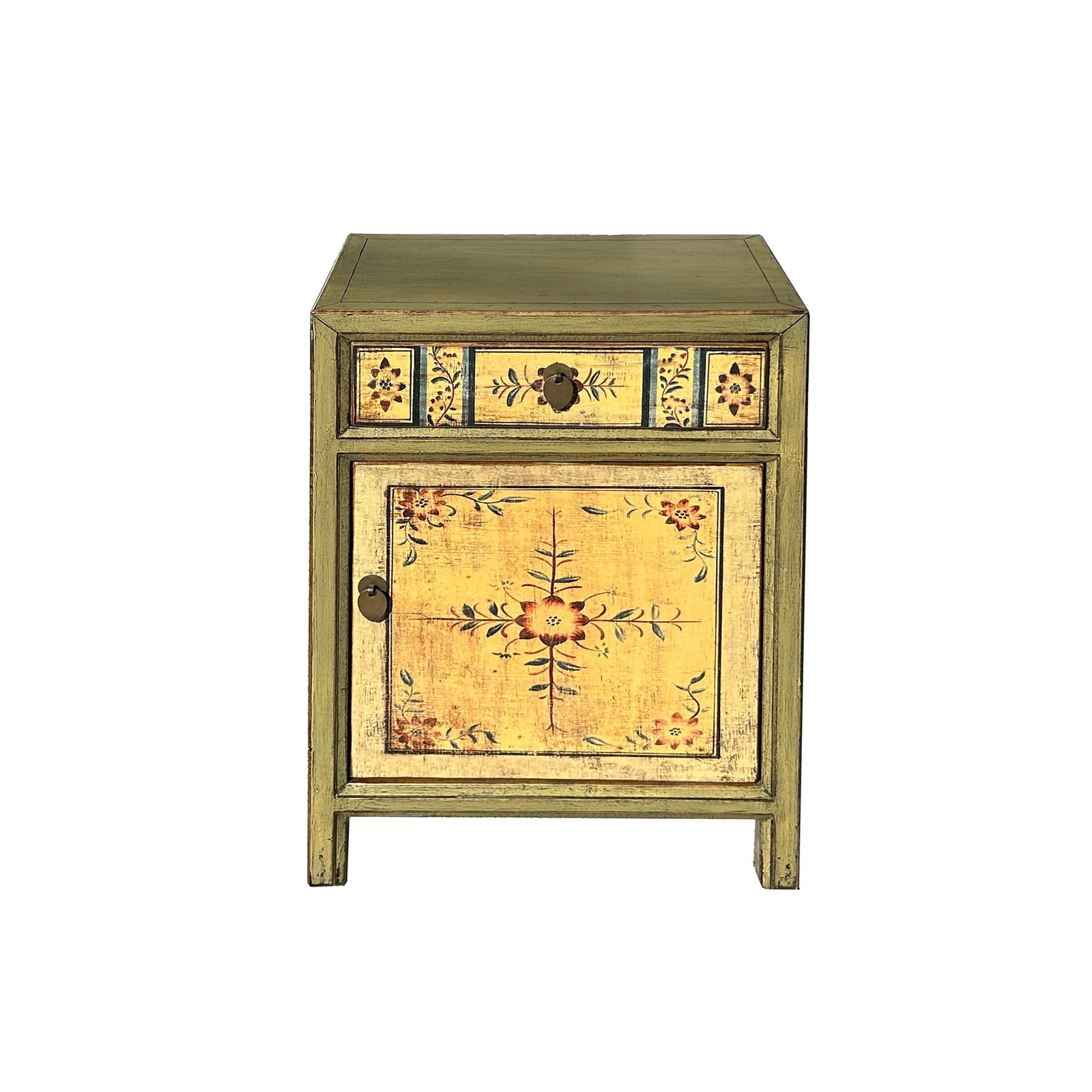 Beige Base Floral Pattern Graphic Olive Green Body End Table Nightstand - 2
