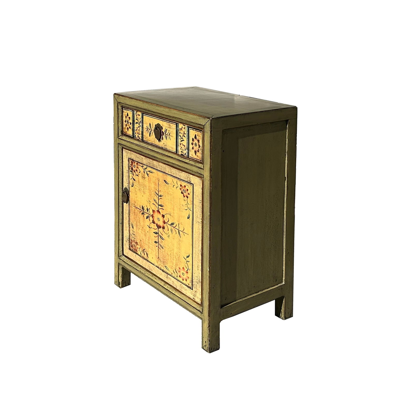 Beige Base Floral Pattern Graphic Olive Green Body End Table Nightstand - 3