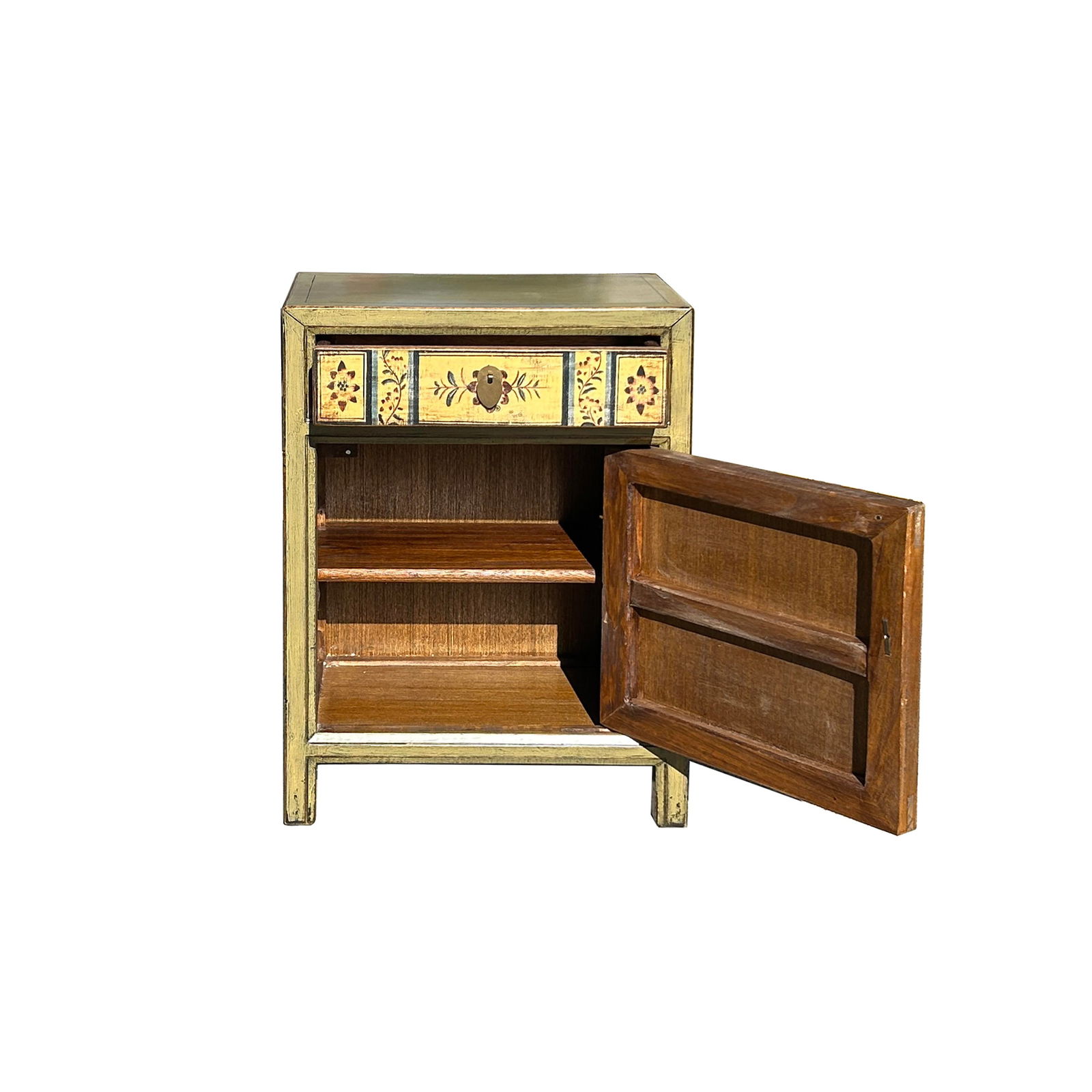 Beige Base Floral Pattern Graphic Olive Green Body End Table Nightstand - 4