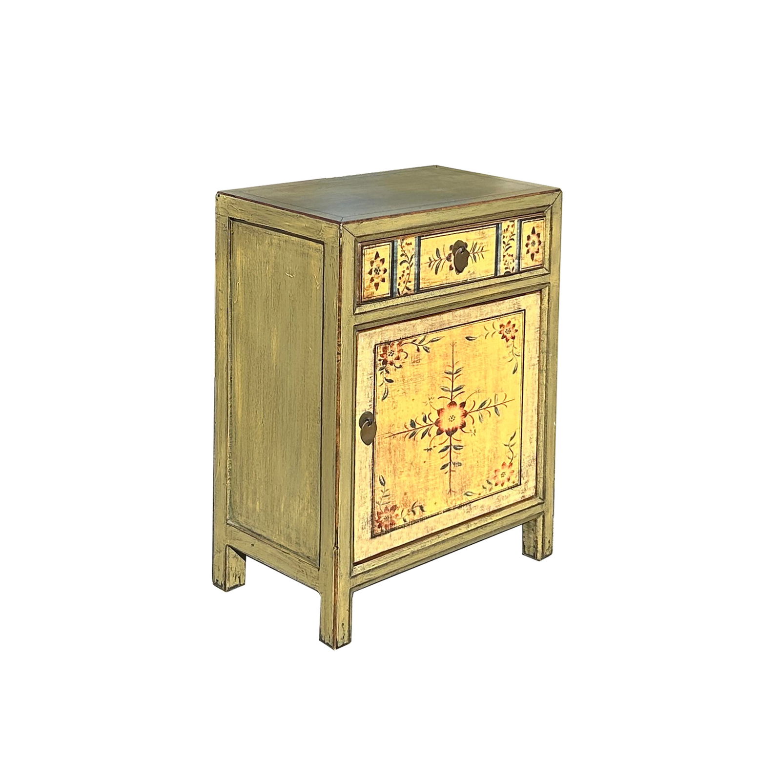 Beige Base Floral Pattern Graphic Olive Green Body End Table Nightstand - 5