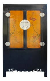 Chinese Black Orange Yellow Graphic Armoire Wardrobe Cabinet