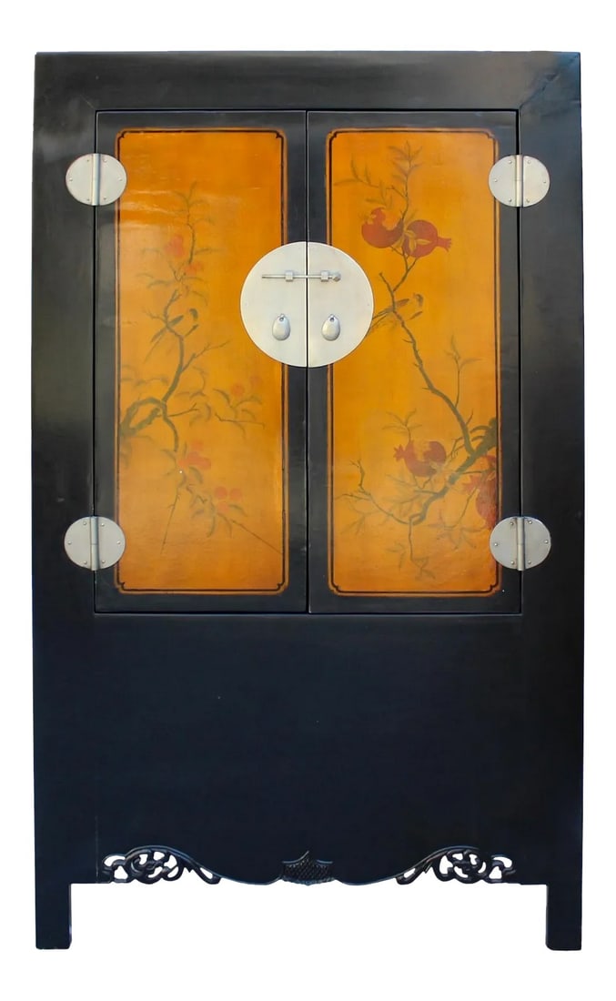 Chinese Black Orange Yellow Graphic Armoire Wardrobe Cabinet: This is a large armoire wardrobe storage cabinet with two doors with old fashion hinges and decorative moon face hardware. The surface is finished with black color and orange yellow #D17301 with flowe