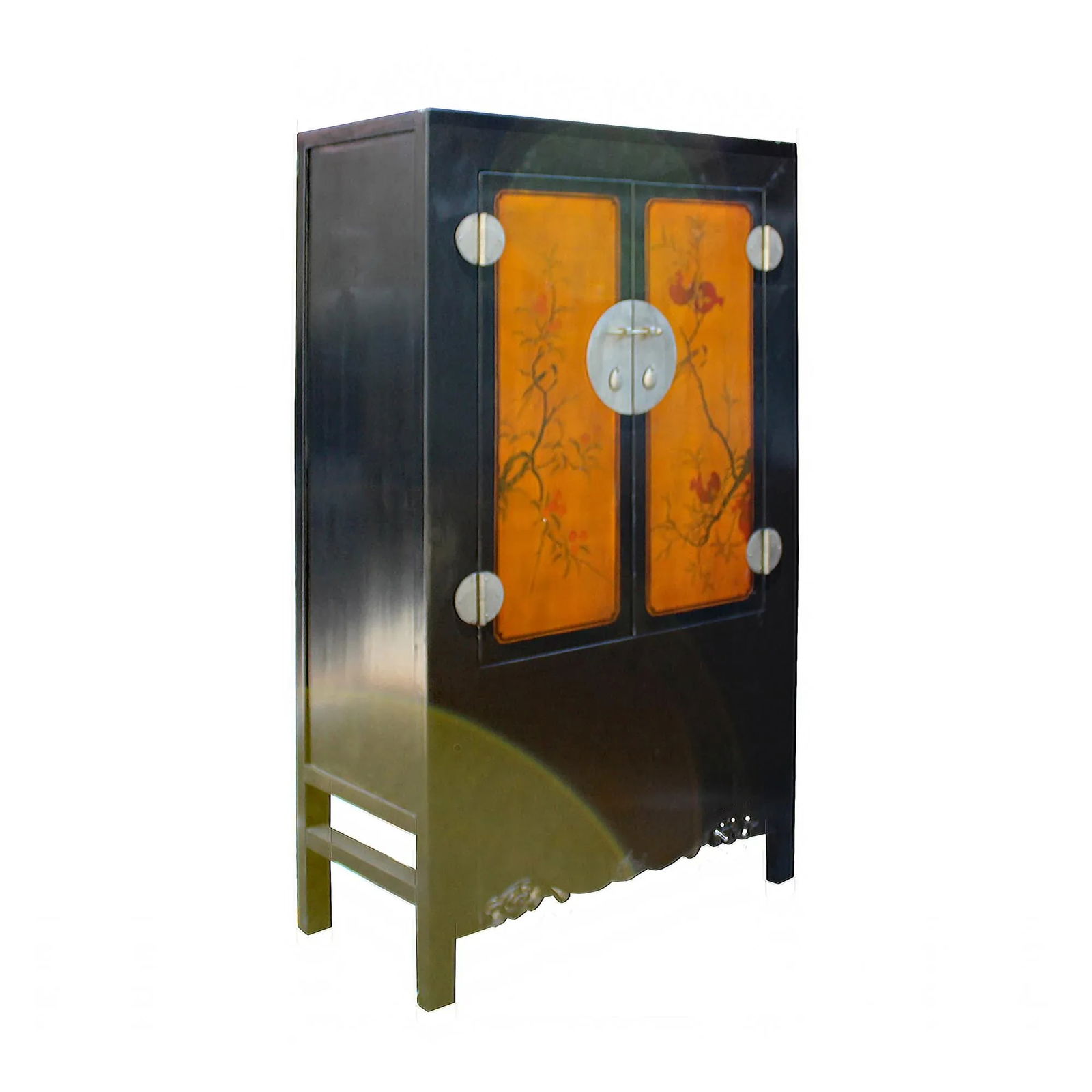 Chinese Black Orange Yellow Graphic Armoire Wardrobe Cabinet - 2