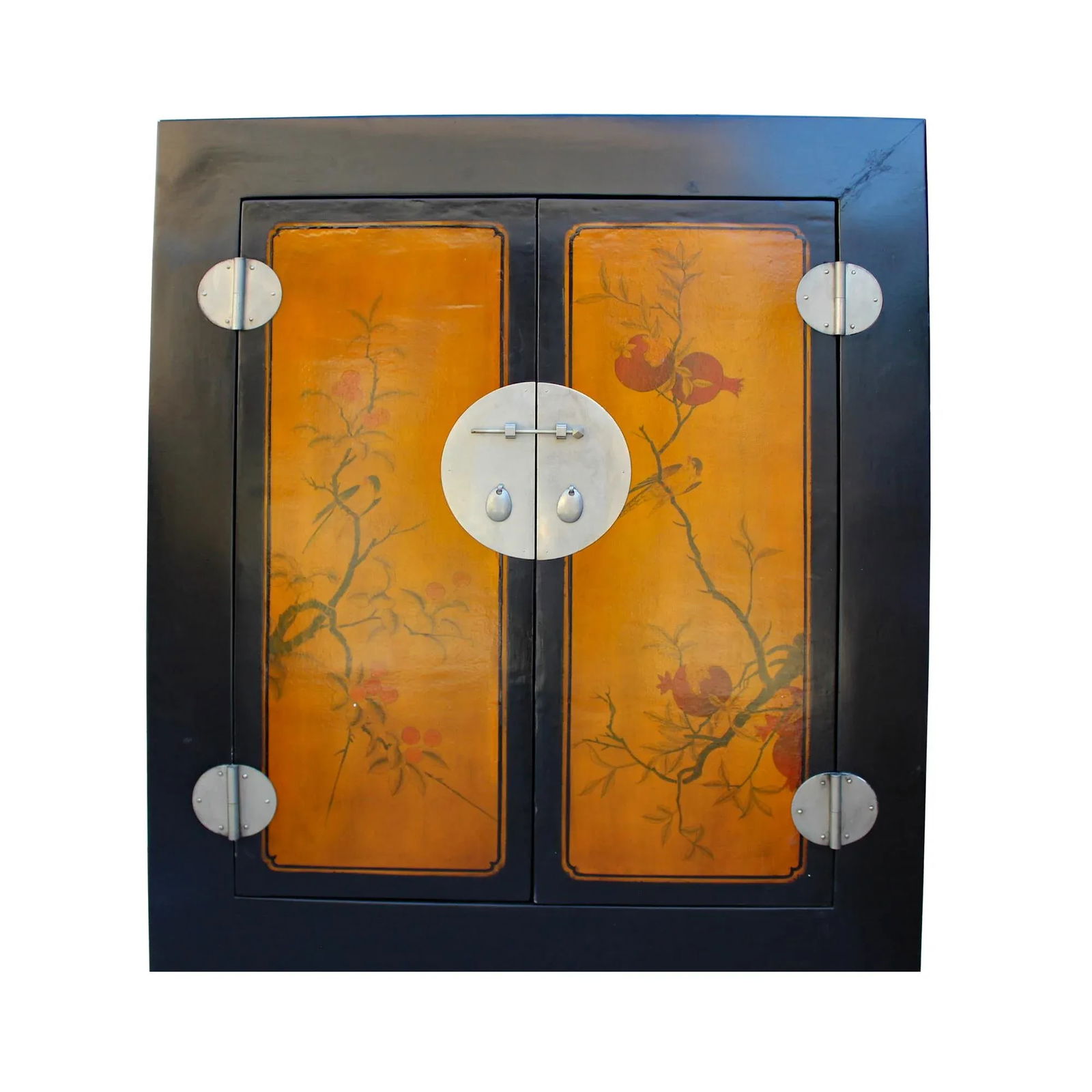 Chinese Black Orange Yellow Graphic Armoire Wardrobe Cabinet - 5