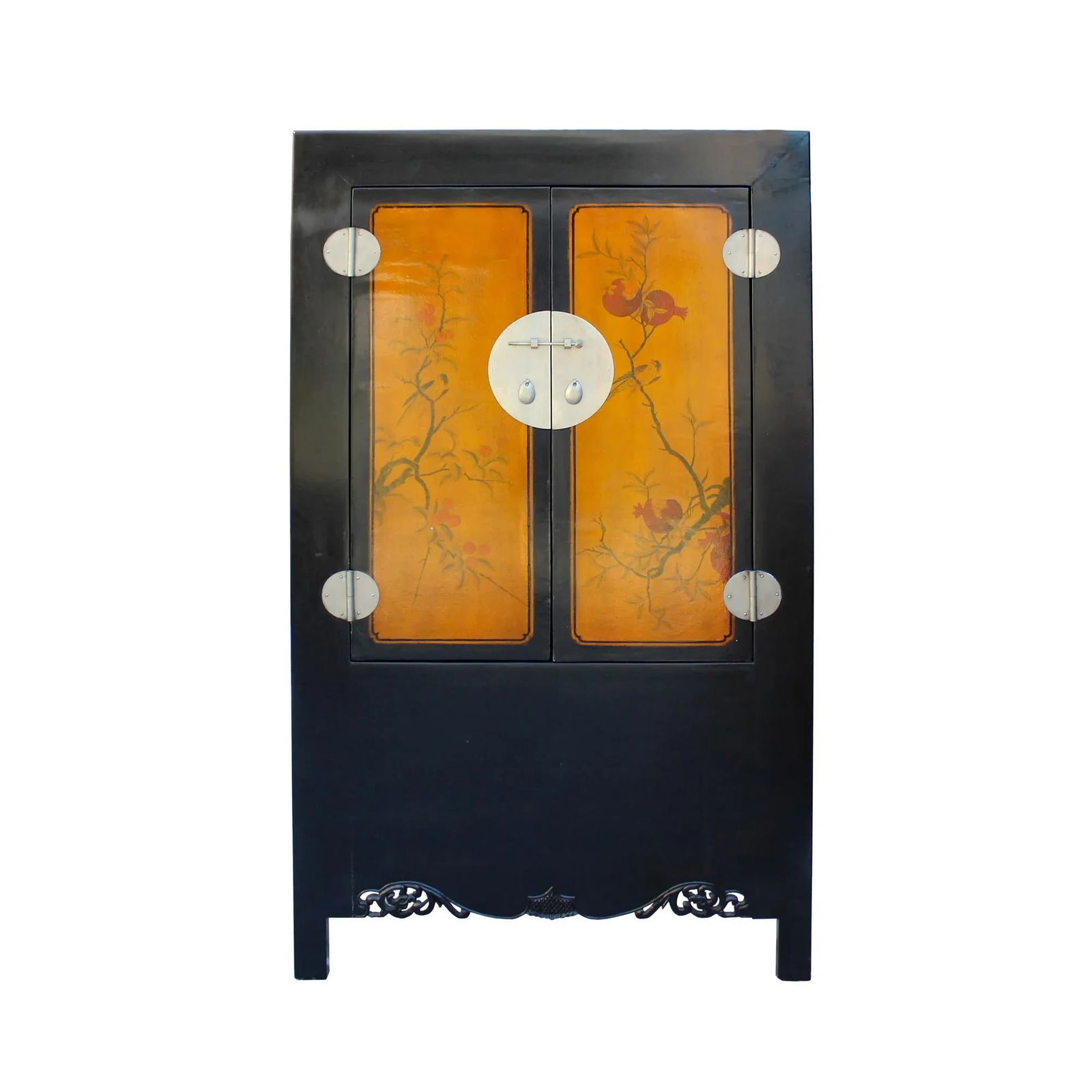 Chinese Black Orange Yellow Graphic Armoire Wardrobe Cabinet - 7