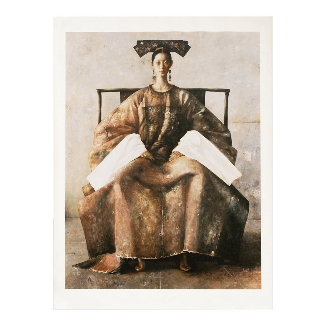 Large C. 2000s After Lu Jian Jun, Portrait of a Woman Seated on a Chair, Print on Canvas: Stunning custom made in early 2000s large print on canvas after Portrait of a Woman Seated on a Chair by famous Chinese artist Lu Jian Jun (born in 1960). Realistic and detailed. We don't know in