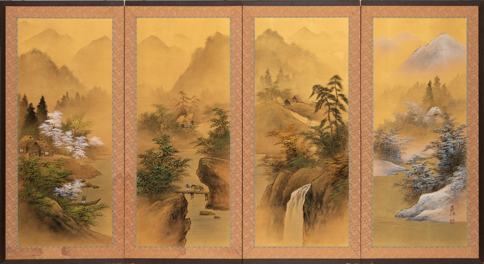 1960s ShÅwa Era Japanese Painted Byobu Silk Screen "Four Seasons" - 12