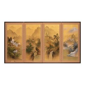 1960s ShÅwa Era Japanese Painted Byobu Silk Screen "Four Seasons"