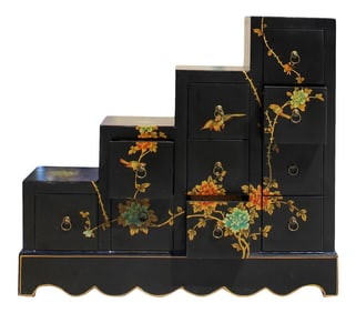 Oriental Black Color Vinyl Flower Birds Step Tansu Cabinet