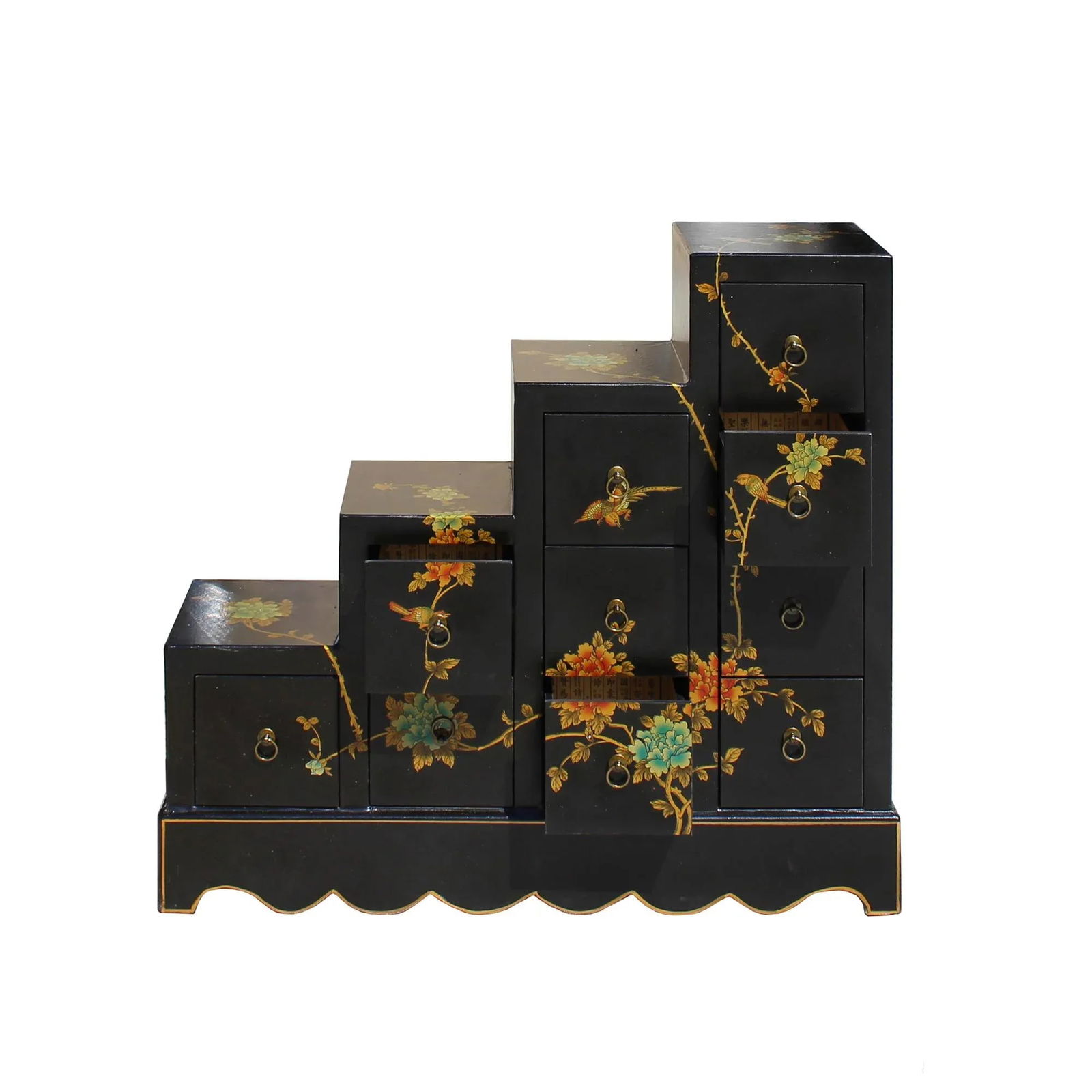 Oriental Black Color Vinyl Flower Birds Step Tansu Cabinet - 2