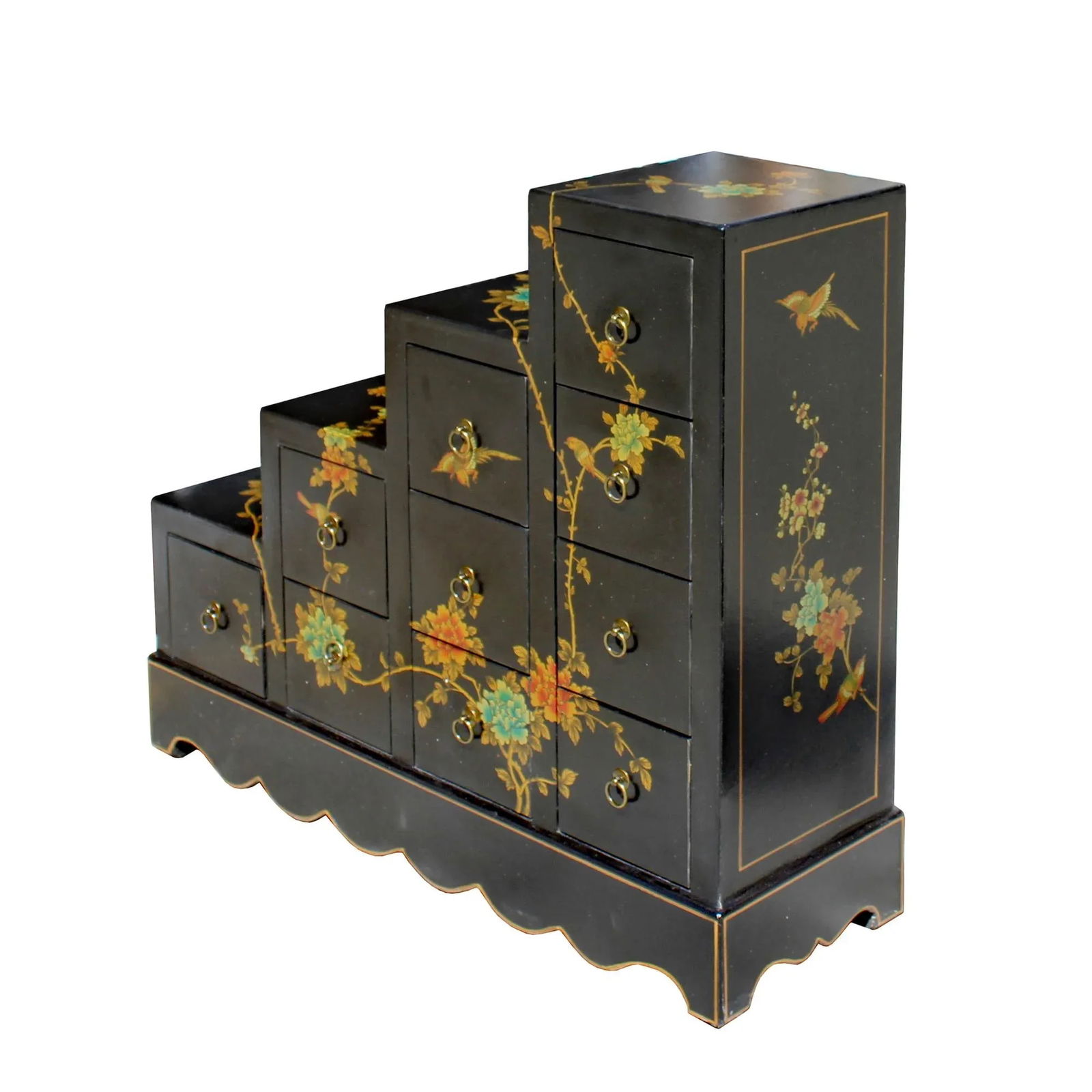 Oriental Black Color Vinyl Flower Birds Step Tansu Cabinet - 3