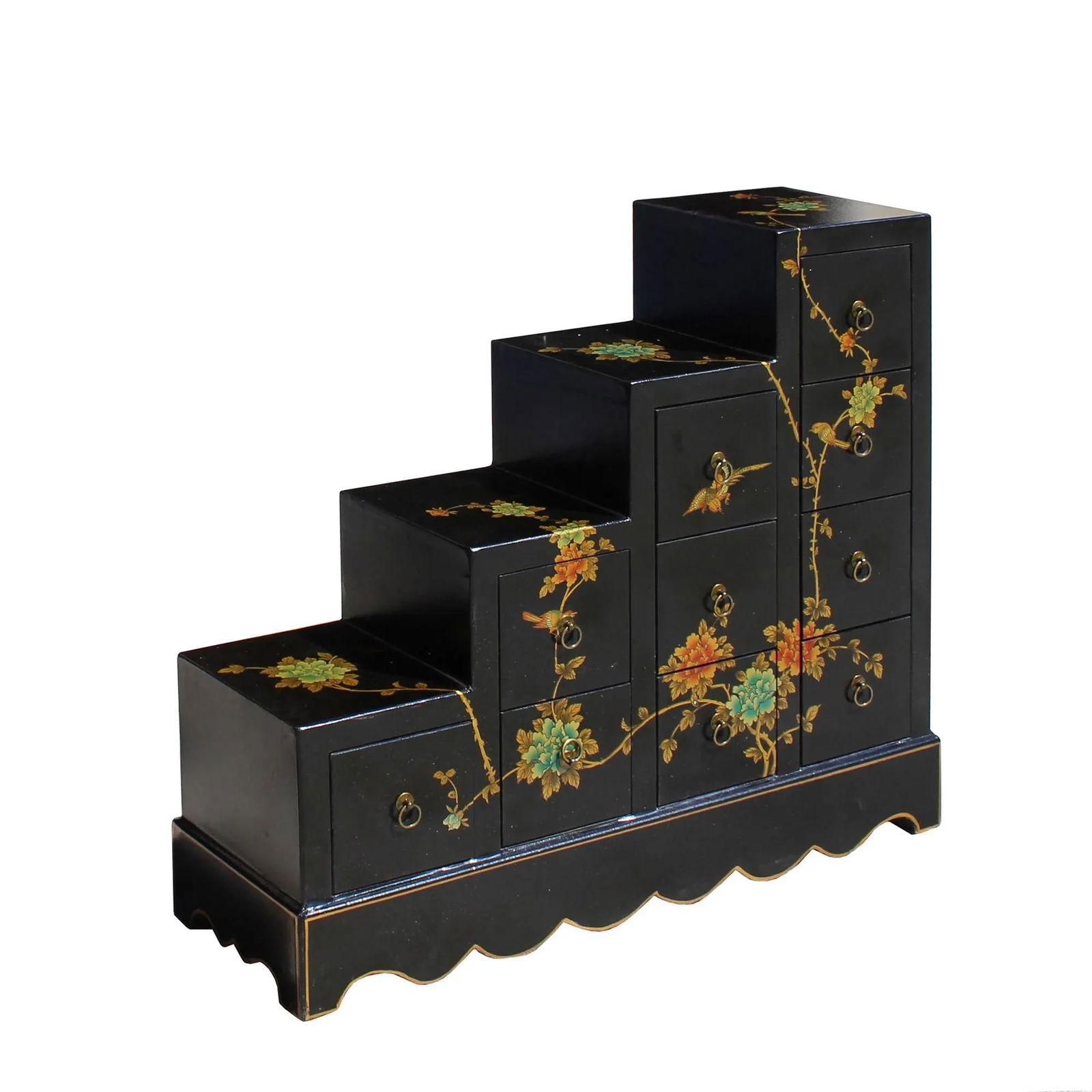 Oriental Black Color Vinyl Flower Birds Step Tansu Cabinet - 4