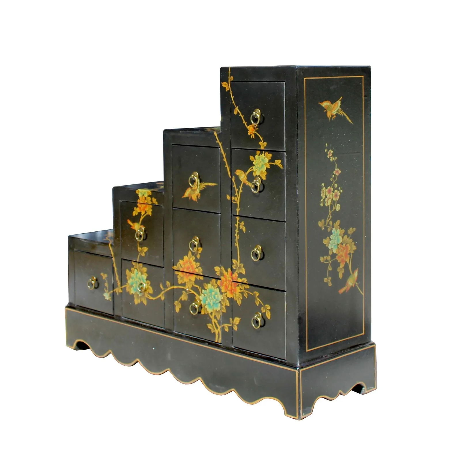 Oriental Black Color Vinyl Flower Birds Step Tansu Cabinet - 5