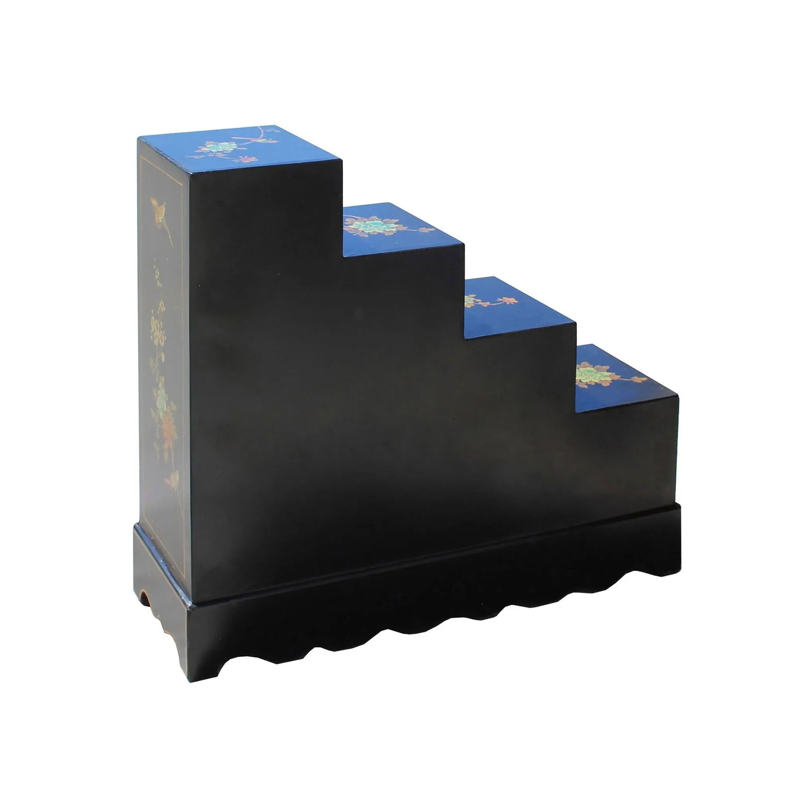 Oriental Black Color Vinyl Flower Birds Step Tansu Cabinet - 6