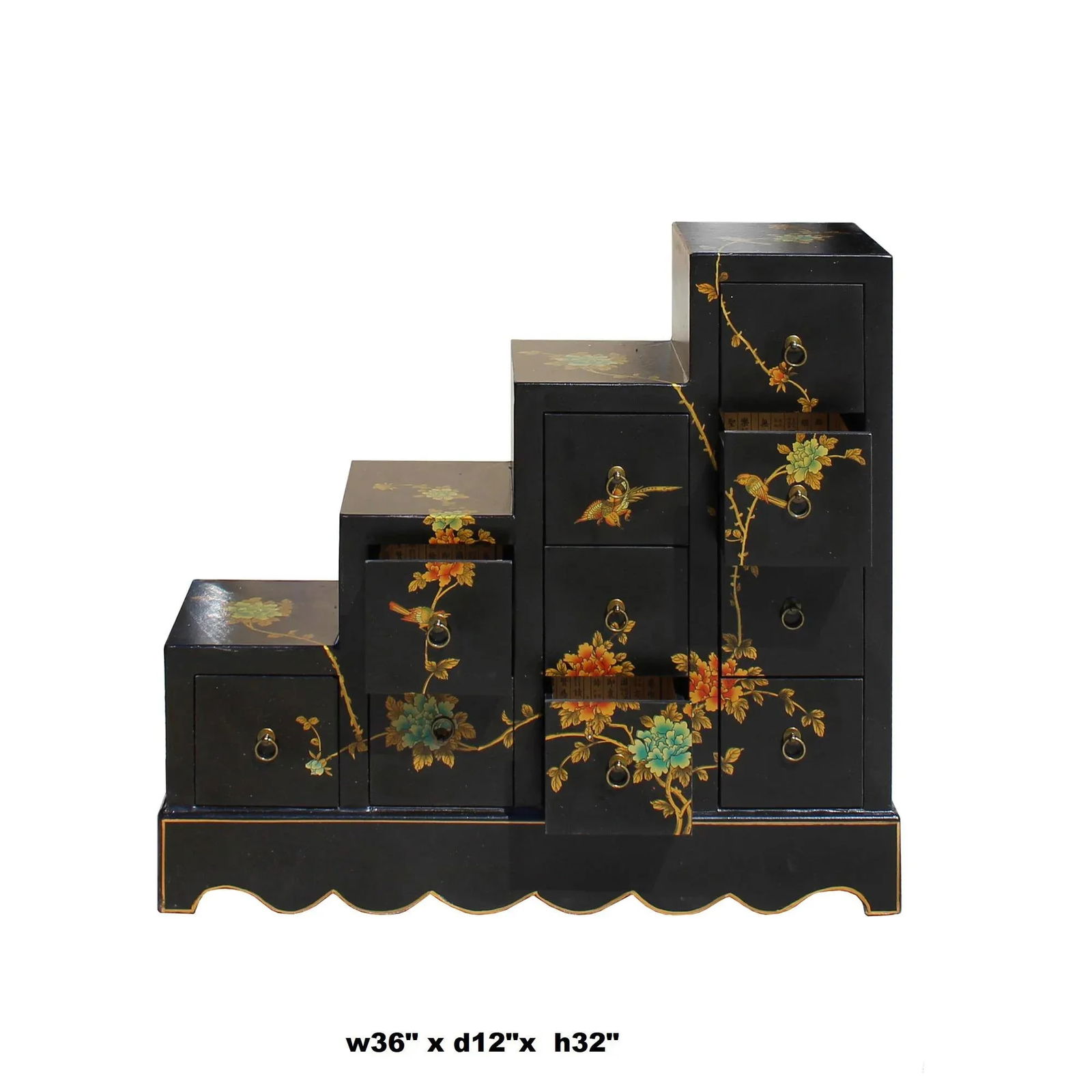 Oriental Black Color Vinyl Flower Birds Step Tansu Cabinet - 7